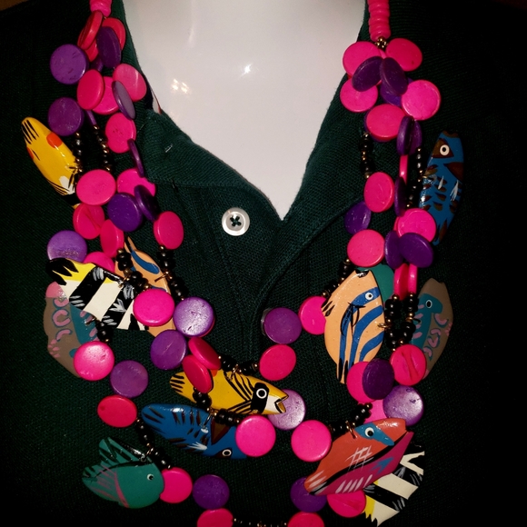 Vintage Jewelry - Vintage 1980's Multilayer Wooden Fish Set